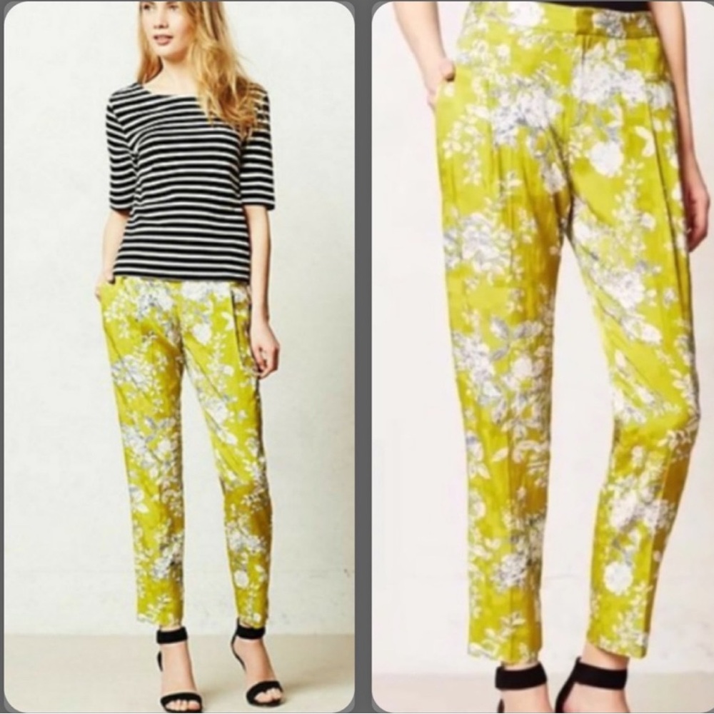 Anthropologie Elevenses Chartreuse Mindaro Floral Capri  Pants
